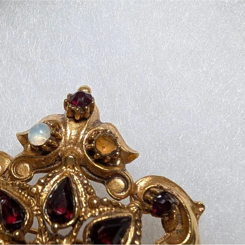 Vintage Signed FLORENZA Ornate Gold Tone Dangle Brooch Mid Century Regency